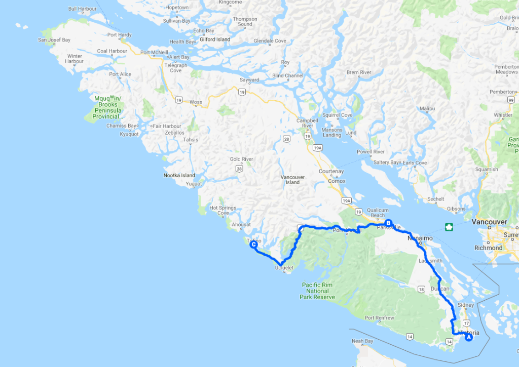 From Victoria (A) to Parksville(B) and Tofino (C)