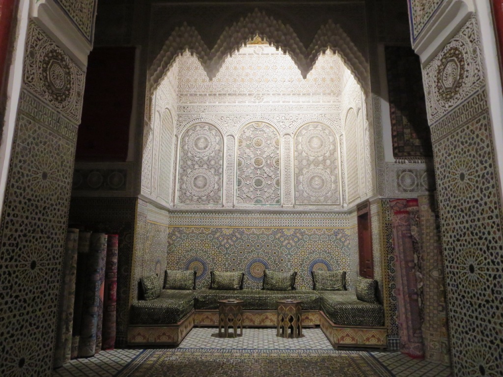 A sitting area for tea in a carpet shop in Fez, Morocco.